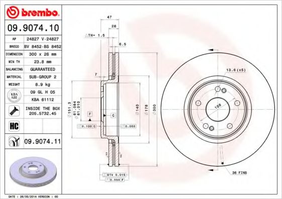 BREMBO - 09.9074.10 - Тормозной диск (Тормозная система)