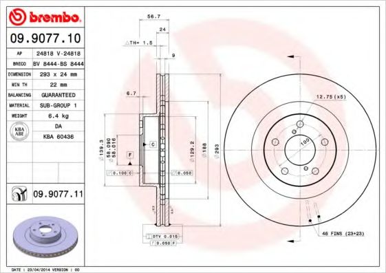 BREMBO - 09.9077.10 - Тормозной диск (Тормозная система)