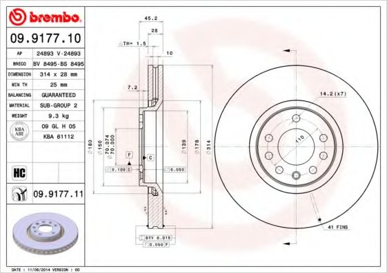 BREMBO - 09.9177.10 - Тормозной диск (Тормозная система)