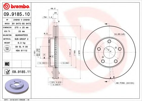 BREMBO - 09.9185.10 - Тормозной диск (Тормозная система)