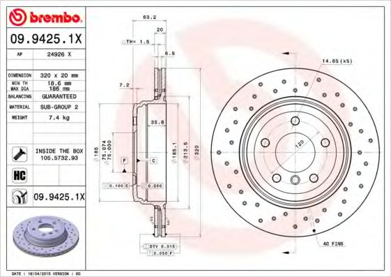 BREMBO - 09.9425.1X - Тормозной диск (Тормозная система)