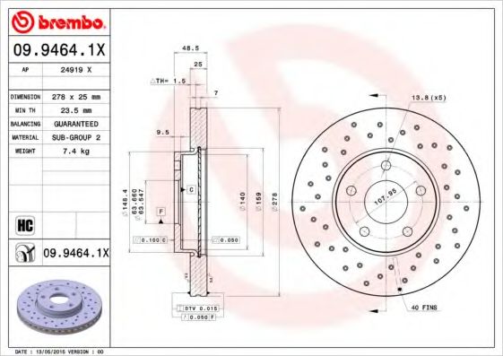 BREMBO - 09.9464.1X - Тормозной диск (Тормозная система)