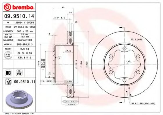 BREMBO - 09.9510.14 - Тормозной диск (Тормозная система)