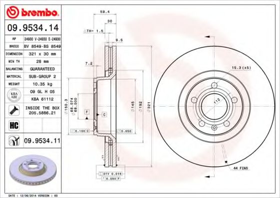 BREMBO - 09.9534.14 - Тормозной диск (Тормозная система)