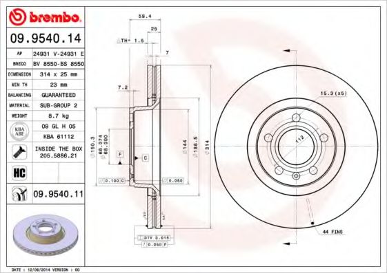 BREMBO - 09.9540.14 - Тормозной диск (Тормозная система)