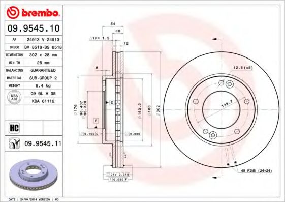 BREMBO - 09.9545.10 - Тормозной диск (Тормозная система)