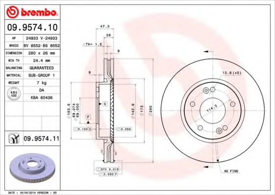 BREMBO - 09.9574.10 - Тормозной диск (Тормозная система)