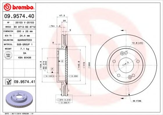 BREMBO - 09.9574.40 - Тормозной диск (Тормозная система)