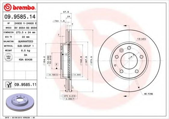 BREMBO - 09.9585.11 - Тормозной диск (Тормозная система)