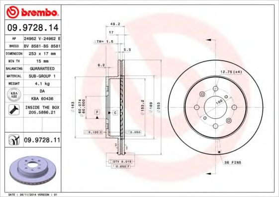 BREMBO - 09.9728.11 - Тормозной диск (Тормозная система)