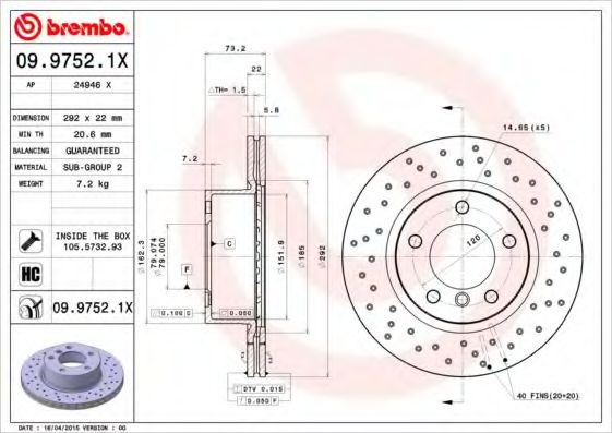 BREMBO - 09.9752.1X - Тормозной диск (Тормозная система)