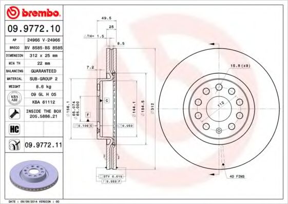 BREMBO - 09.9772.10 - Тормозной диск (Тормозная система)