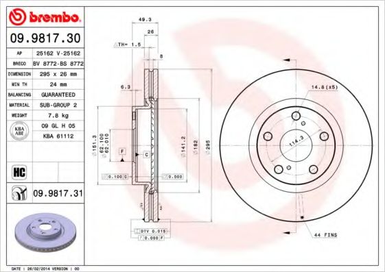 BREMBO - 09.9817.31 - Тормозной диск (Тормозная система)