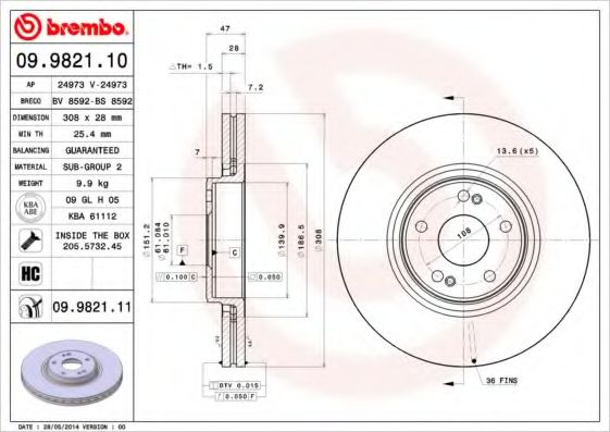 BREMBO - 09.9821.10 - Тормозной диск (Тормозная система)