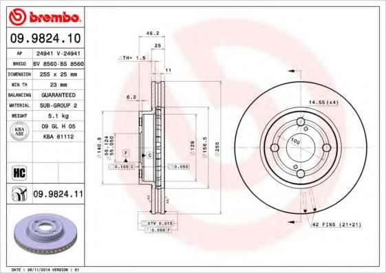 BREMBO - 09.9824.10 - Тормозной диск (Тормозная система)