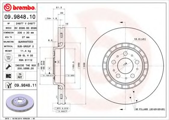 BREMBO - 09.9848.11 - Тормозной диск (Тормозная система)