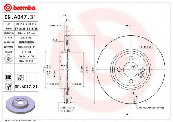 BREMBO - 09.A047.31 - Тормозной диск (Тормозная система)