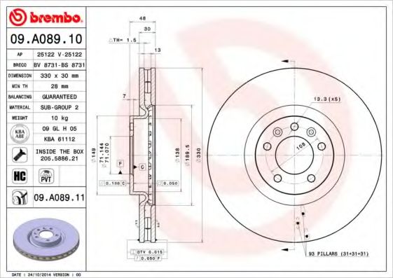 BREMBO - 09.A089.10 - Тормозной диск (Тормозная система)