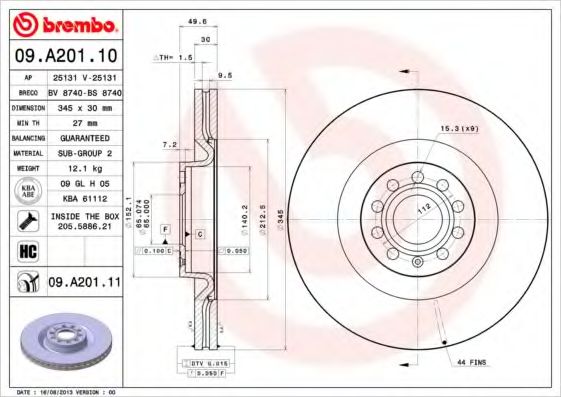 BREMBO - 09.A201.10 - Тормозной диск (Тормозная система)