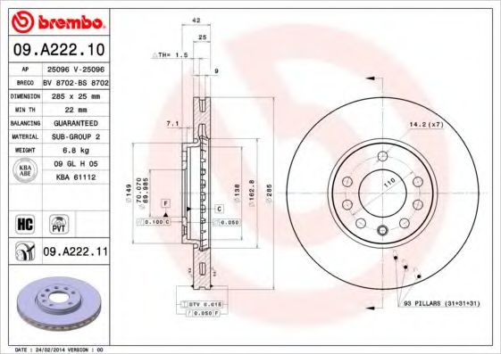 BREMBO - 09.A222.10 - Тормозной диск (Тормозная система)