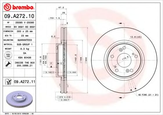 BREMBO - 09.A272.11 - Тормозной диск (Тормозная система)