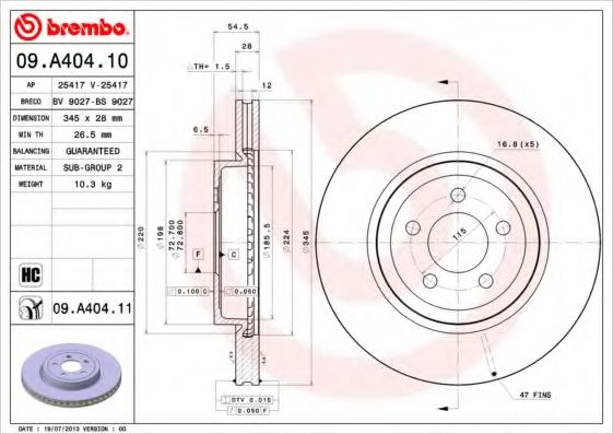 BREMBO - 09.A404.11 - Тормозной диск (Тормозная система)