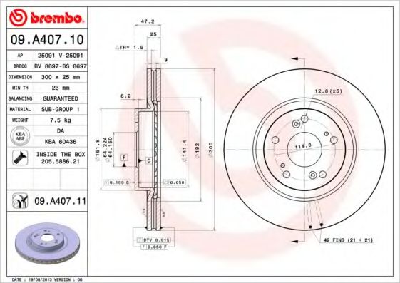 BREMBO - 09.A407.10 - Тормозной диск (Тормозная система)