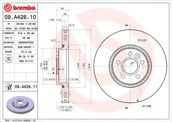 BREMBO - 09.A426.10 - Тормозной диск (Тормозная система)