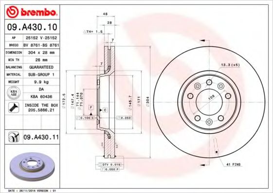 BREMBO - 09.A430.10 - Тормозной диск (Тормозная система)