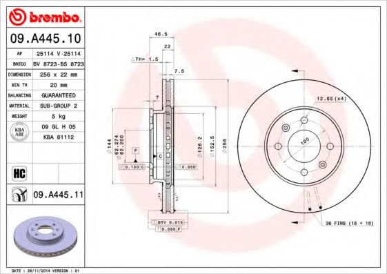 BREMBO - 09.A445.10 - Тормозной диск (Тормозная система)