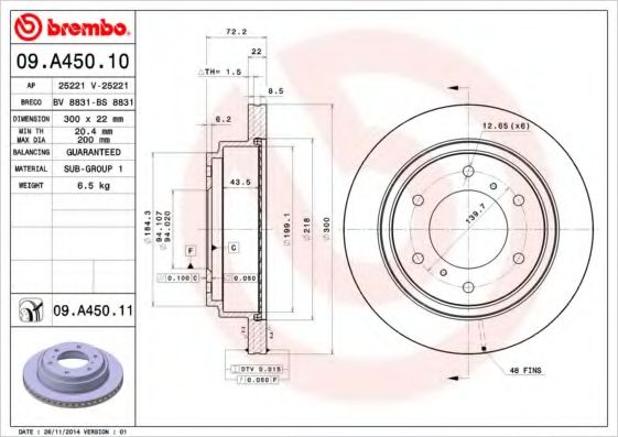 BREMBO - 09.A450.10 - Тормозной диск (Тормозная система)