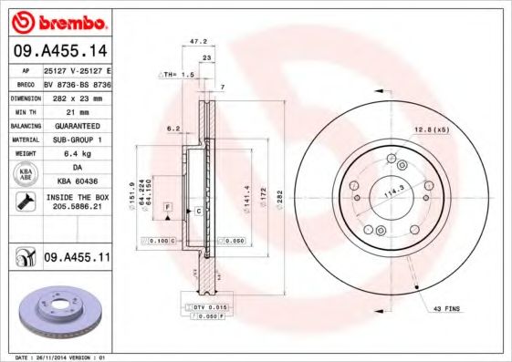 BREMBO - 09.A455.14 - Тормозной диск (Тормозная система)