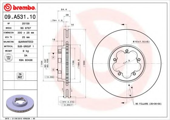 BREMBO - 09.A531.10 - Тормозной диск (Тормозная система)