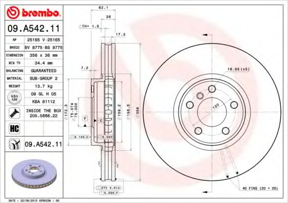 BREMBO - 09.A542.11 - Тормозной диск (Тормозная система)