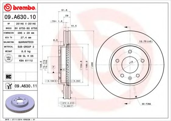 BREMBO - 09.A630.10 - Тормозной диск (Тормозная система)