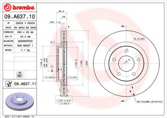 BREMBO - 09.A637.10 - Тормозной диск (Тормозная система)