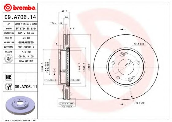 BREMBO - 09.A706.11 - Тормозной диск (Тормозная система)