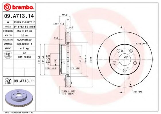 BREMBO - 09.A713.11 - Тормозной диск (Тормозная система)