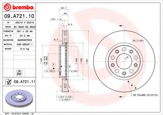 BREMBO - 09.A721.10 - Тормозной диск (Тормозная система)