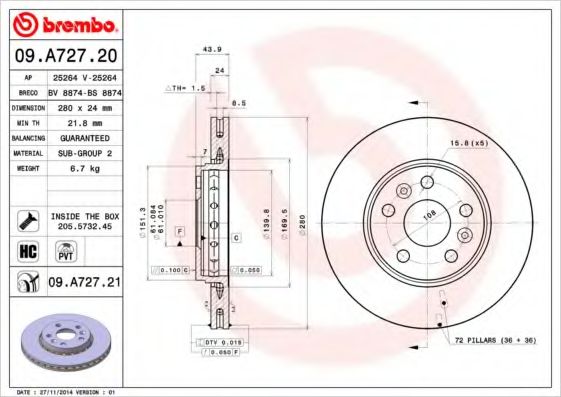 BREMBO - 09.A727.20 - Тормозной диск (Тормозная система)