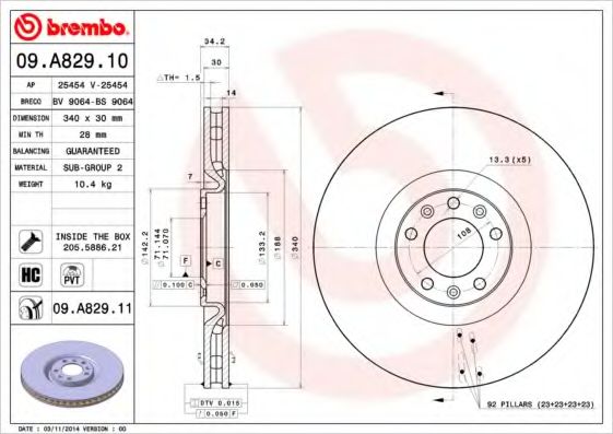 BREMBO - 09.A829.11 - Тормозной диск (Тормозная система)