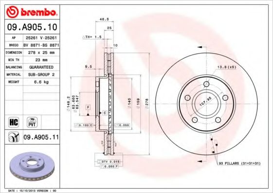 BREMBO - 09.A905.10 - Тормозной диск (Тормозная система)