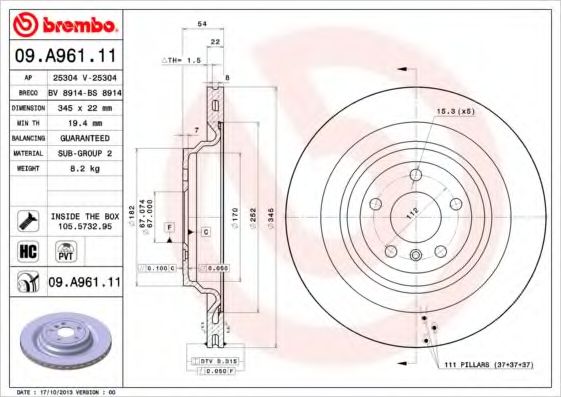 BREMBO - 09.A961.11 - Тормозной диск (Тормозная система)