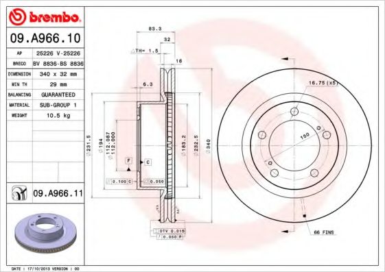 BREMBO - 09.A966.10 - Тормозной диск (Тормозная система)