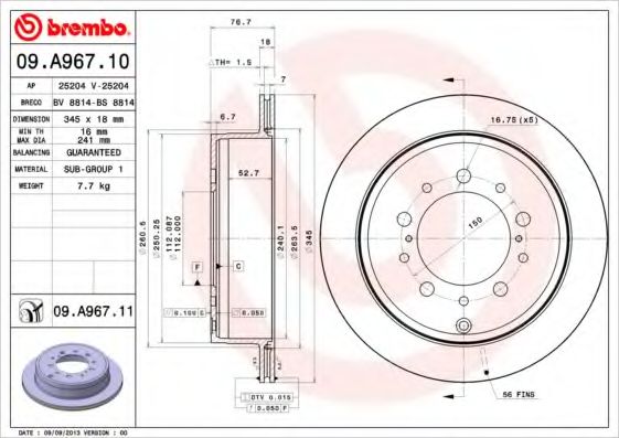 BREMBO - 09.A967.11 - Тормозной диск (Тормозная система)