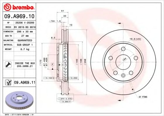 BREMBO - 09.A969.10 - Тормозной диск (Тормозная система)