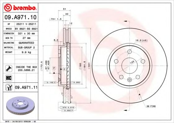 BREMBO - 09.A971.10 - Тормозной диск (Тормозная система)