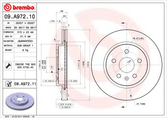 BREMBO - 09.A972.10 - Тормозной диск (Тормозная система)