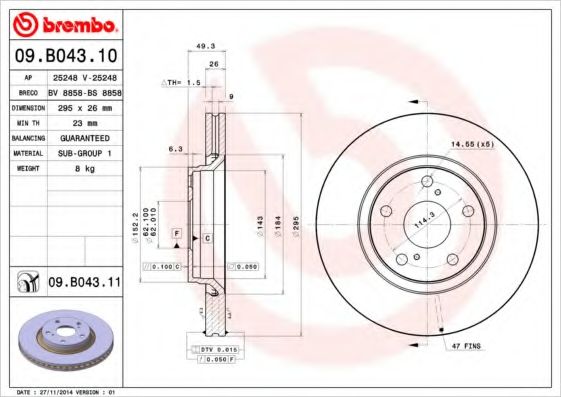 BREMBO - 09.B043.10 - Тормозной диск (Тормозная система)