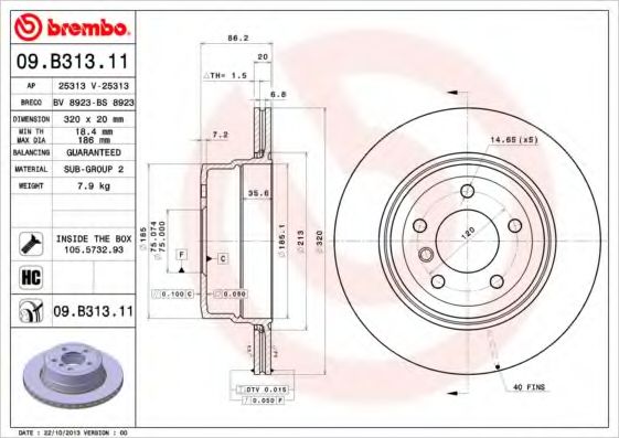 BREMBO - 09.B313.11 - Тормозной диск (Тормозная система)